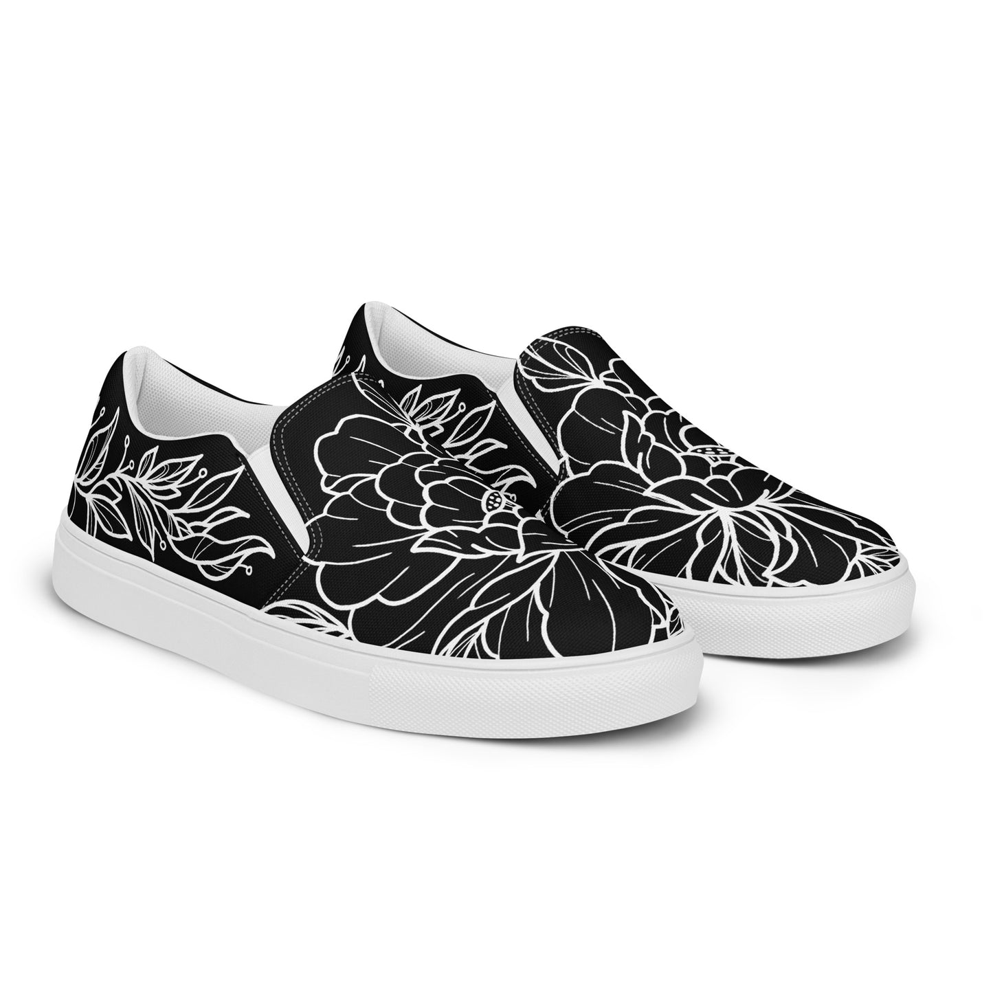 White on Black Peony Men’s Slip-On Canvas Shoes