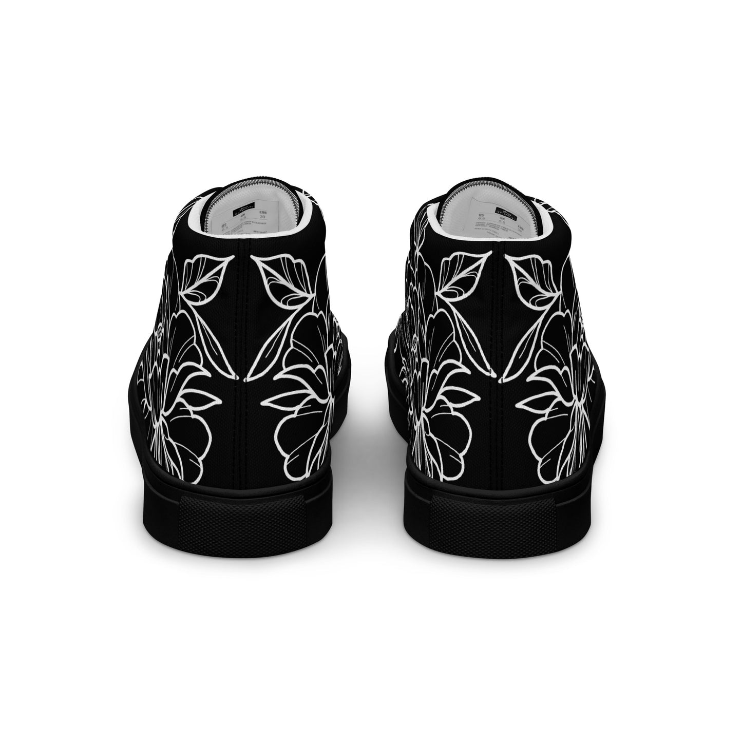 Black on White Peony Women’s High Top Canvas Shoes