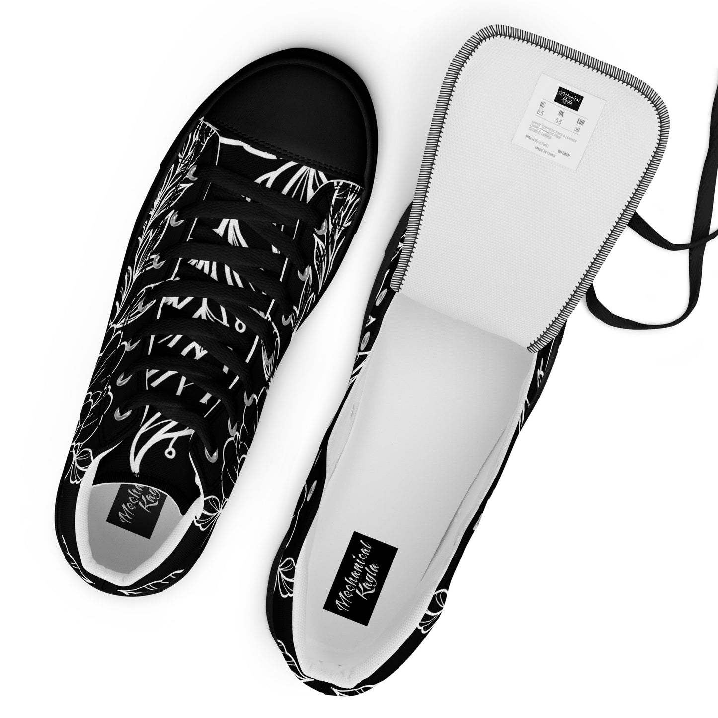 Black on White Peony Women’s High Top Canvas Shoes