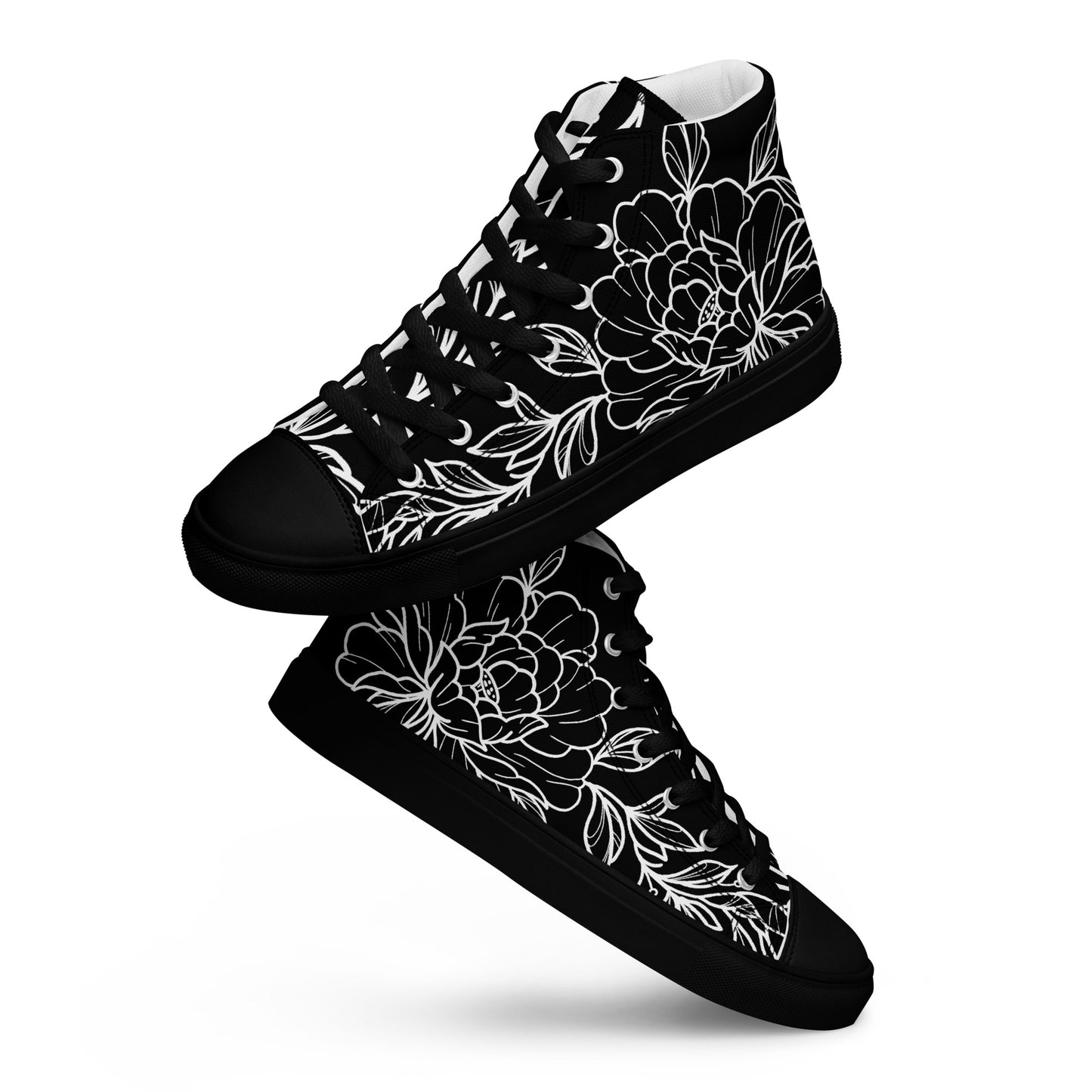 Black on White Peony Women’s High Top Canvas Shoes