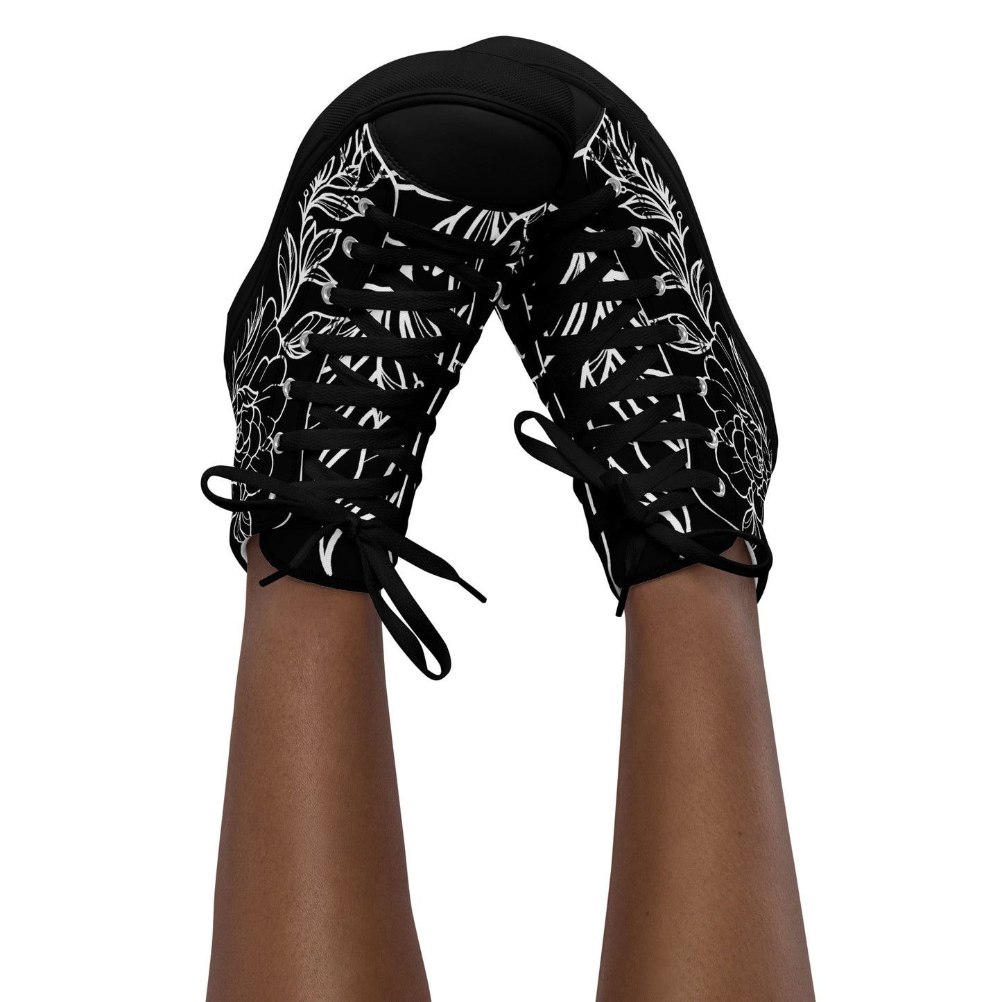 Black on White Peony Women’s High Top Canvas Shoes