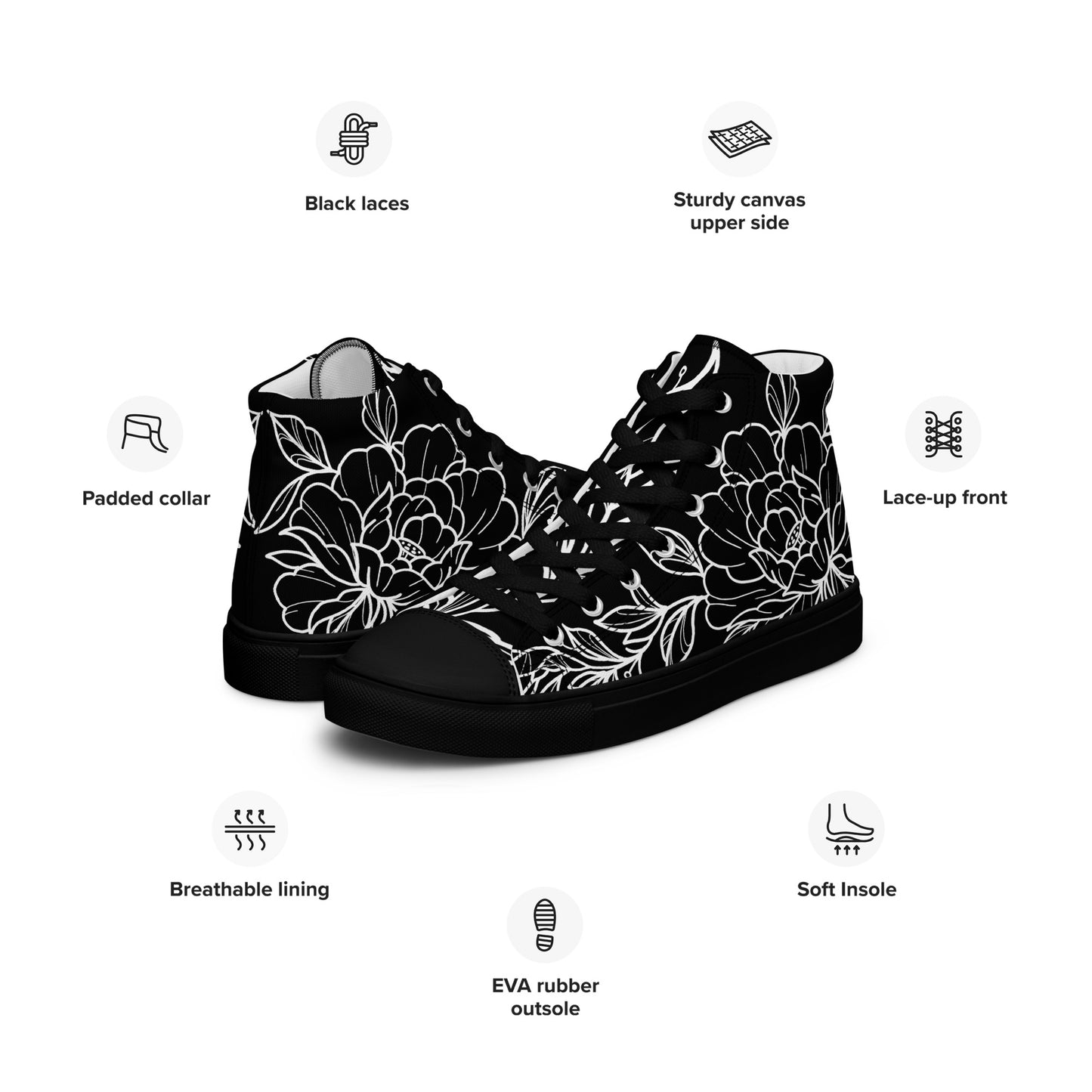 Black on White Peony Women’s High Top Canvas Shoes