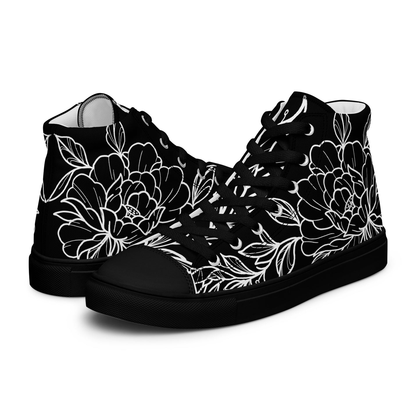 Black on White Peony Women’s High Top Canvas Shoes