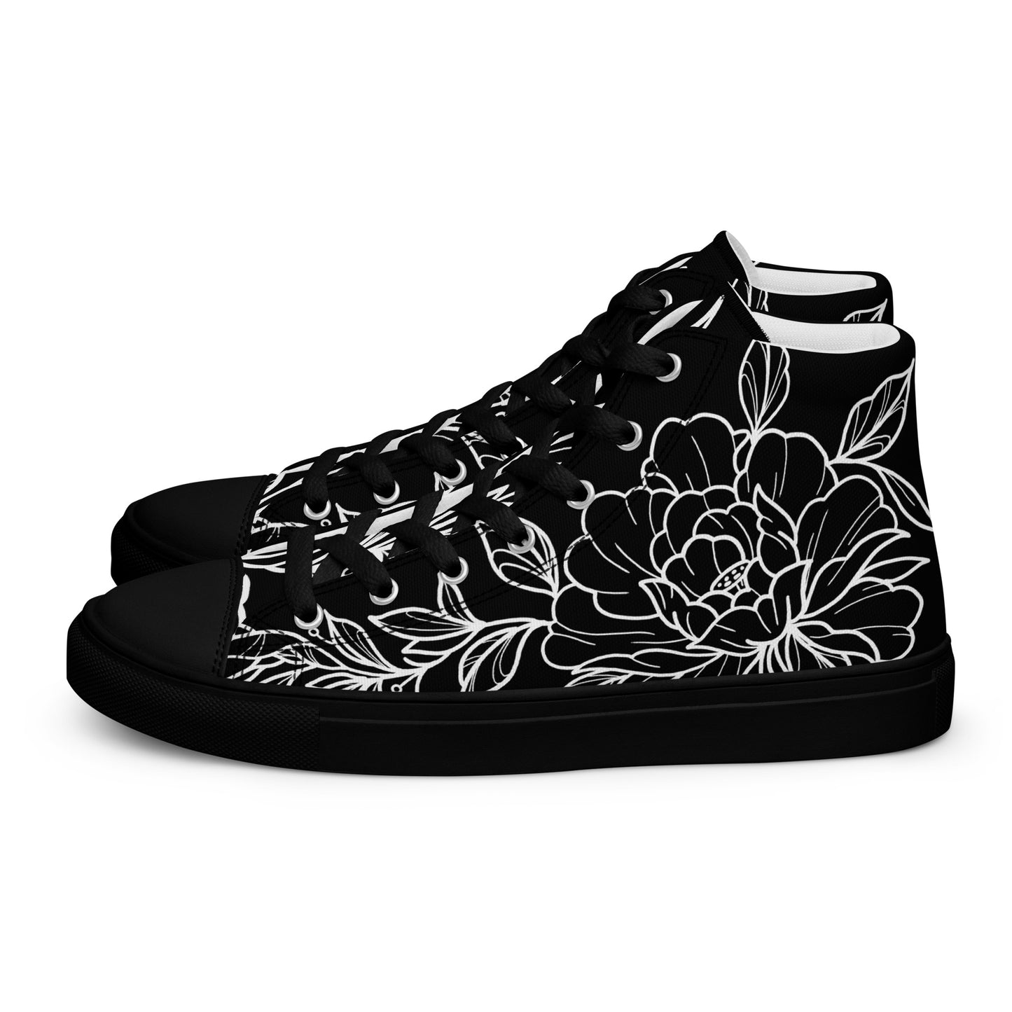 Black on White Peony Women’s High Top Canvas Shoes