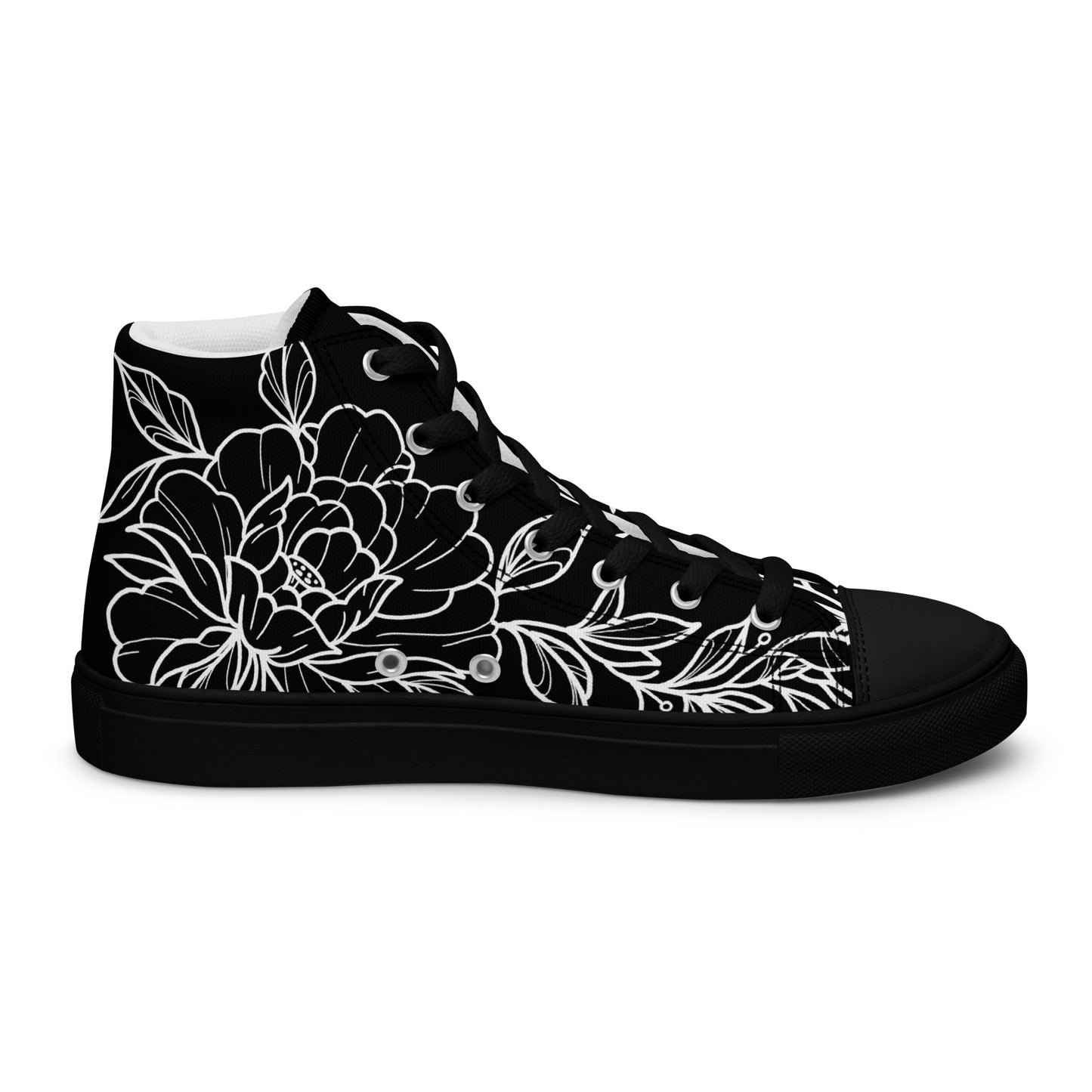 Black on White Peony Women’s High Top Canvas Shoes