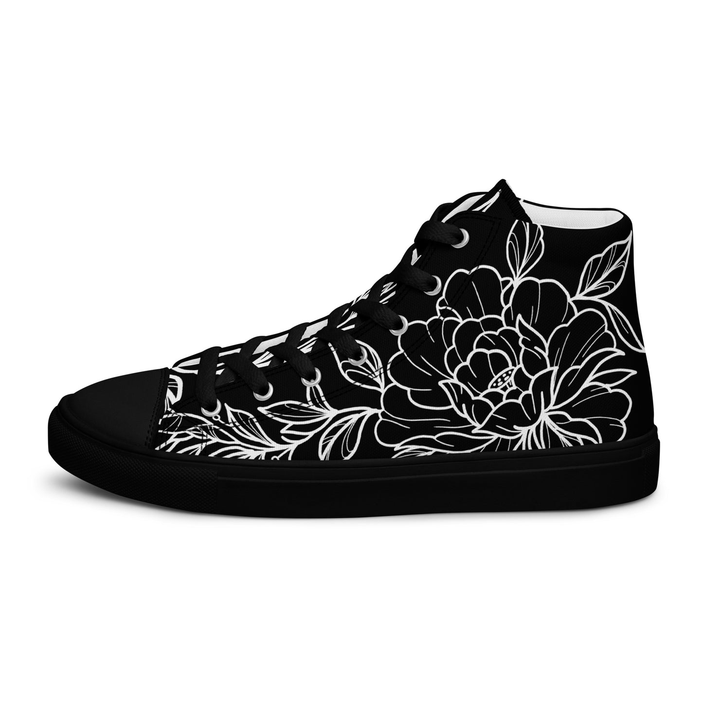 Black on White Peony Women’s High Top Canvas Shoes