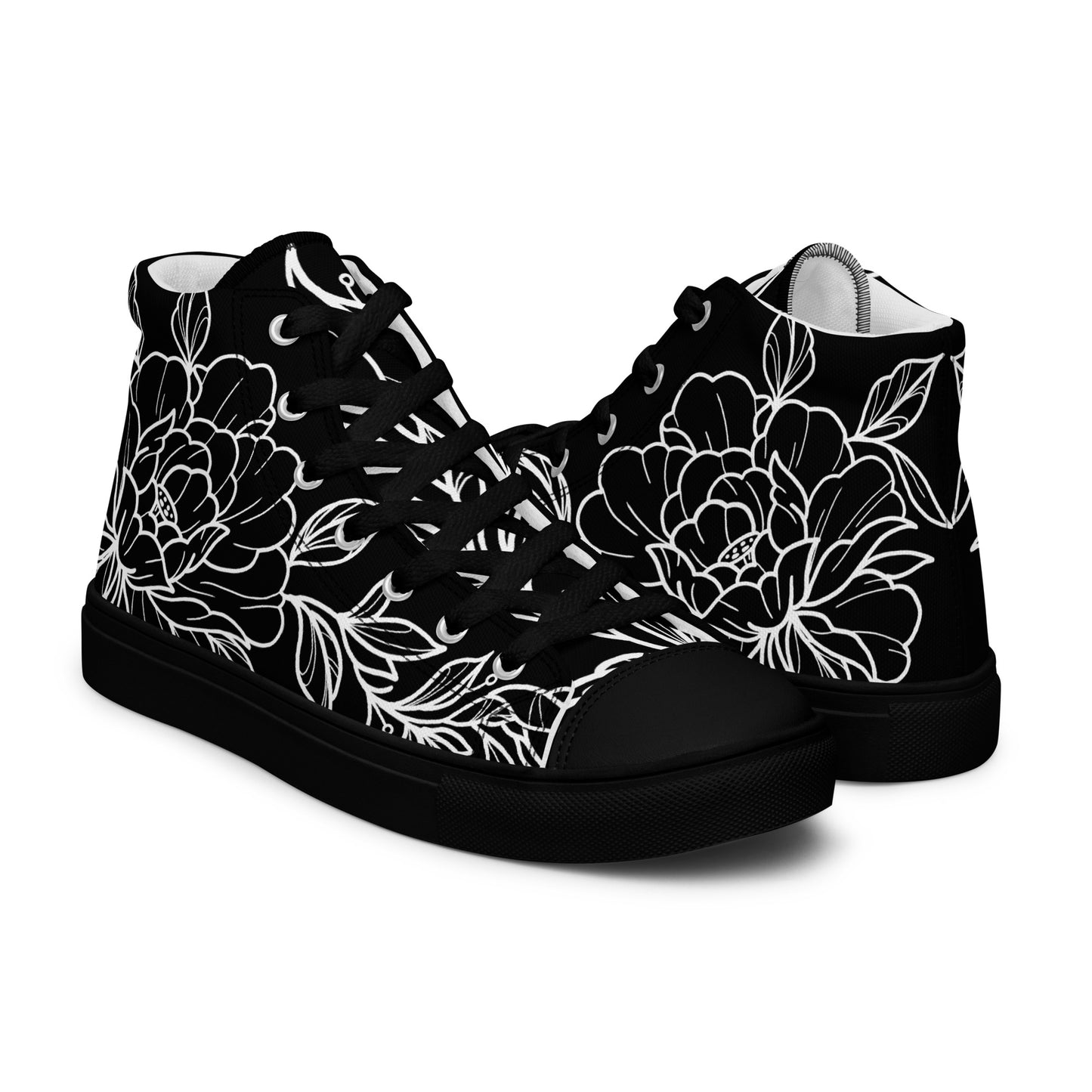 Black on White Peony Women’s High Top Canvas Shoes