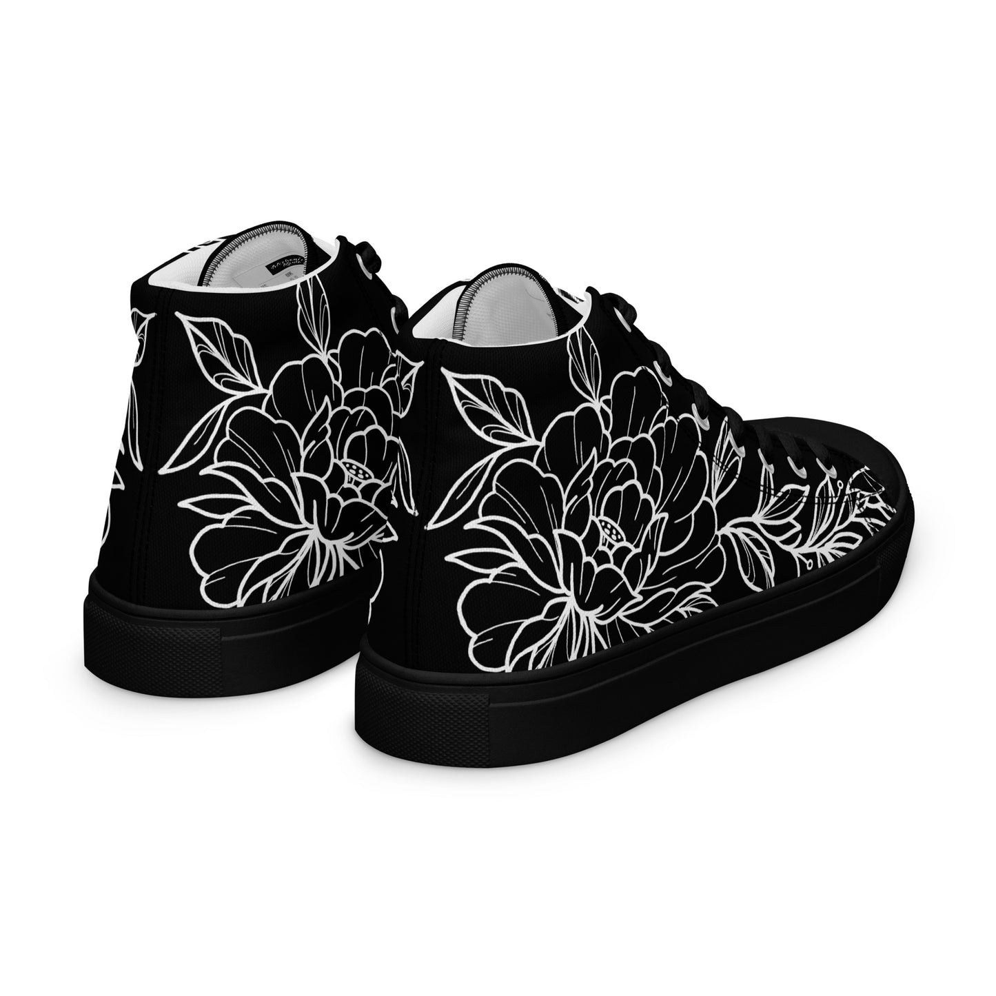 Black on White Peony Women’s High Top Canvas Shoes