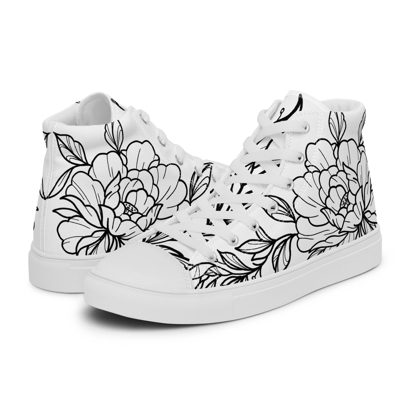 Black on White Peony Women’s High Top Canvas Shoes