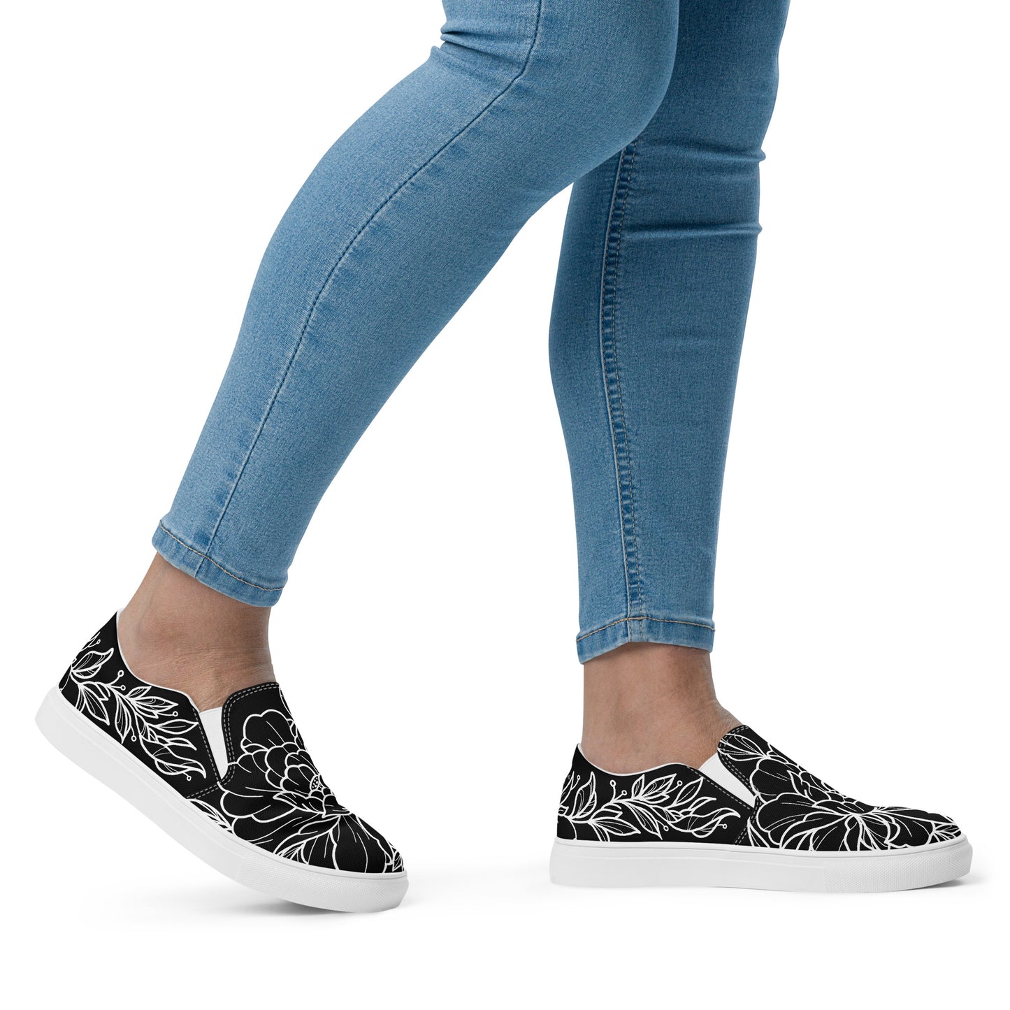 White on Black Peony Women’s Slip-On Canvas Shoes