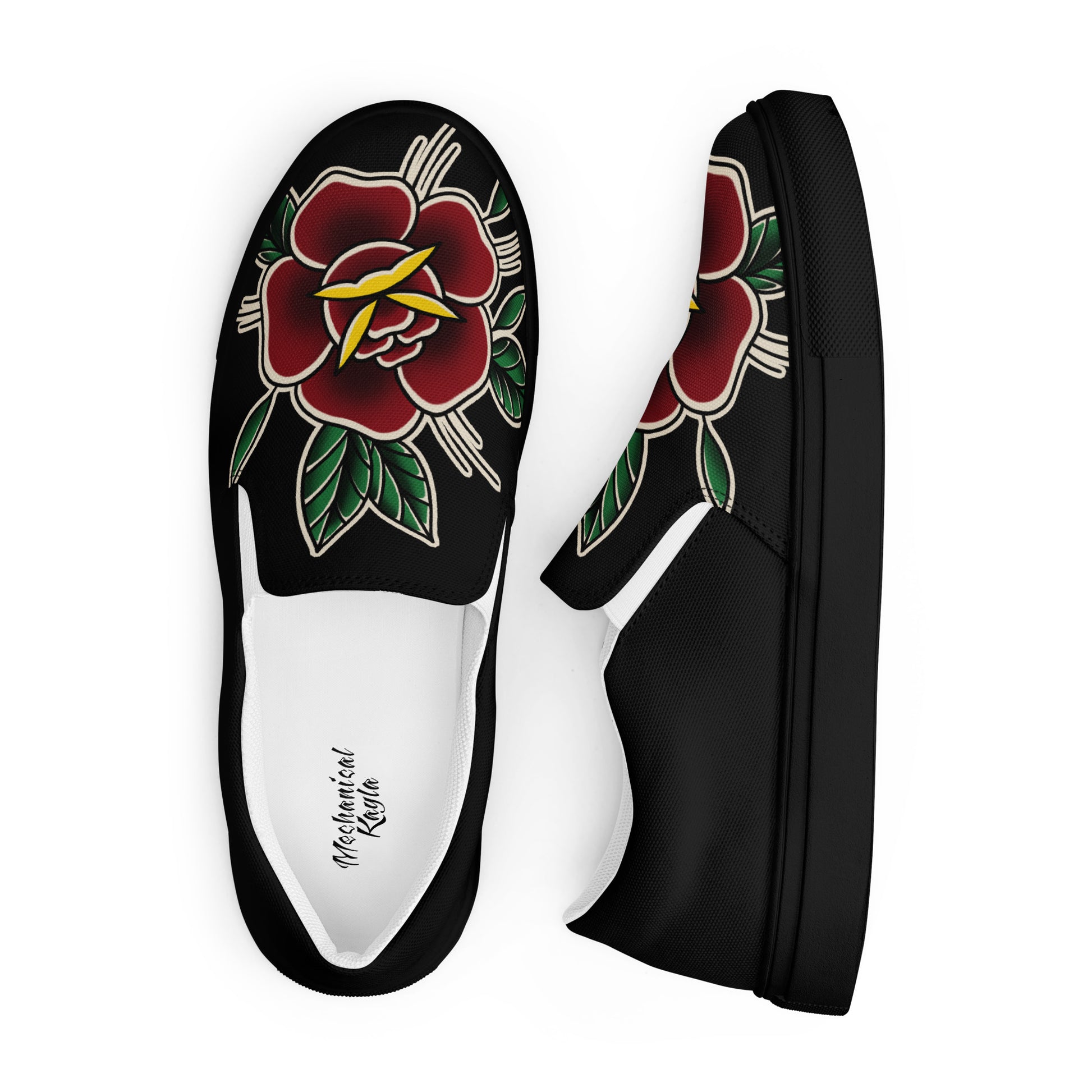 Mechanical Kayla original American Traditional rose tattoo flash art on black canvas slip-on shoes.