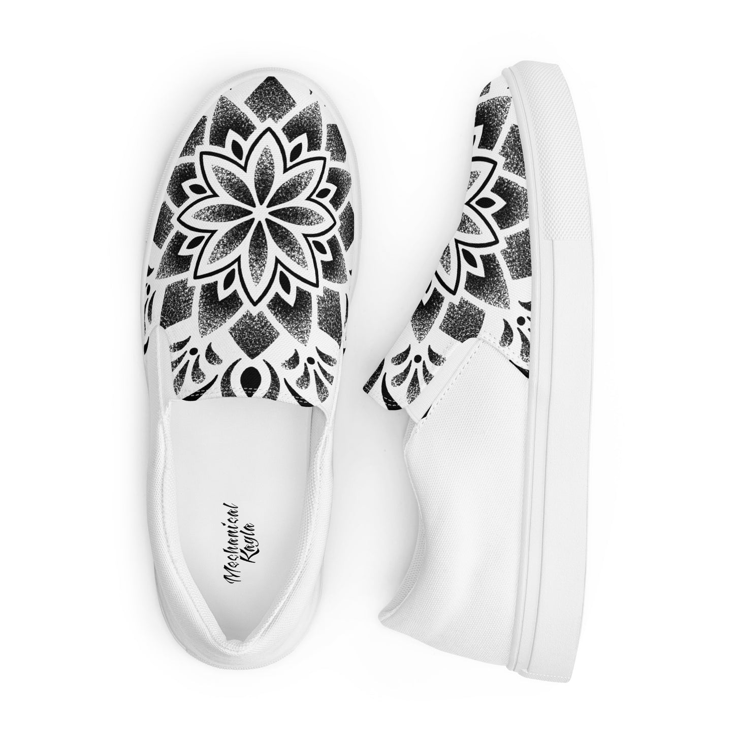 Men’s black mandala slip on shoes white sole tattoo style geometric canvas sneakers