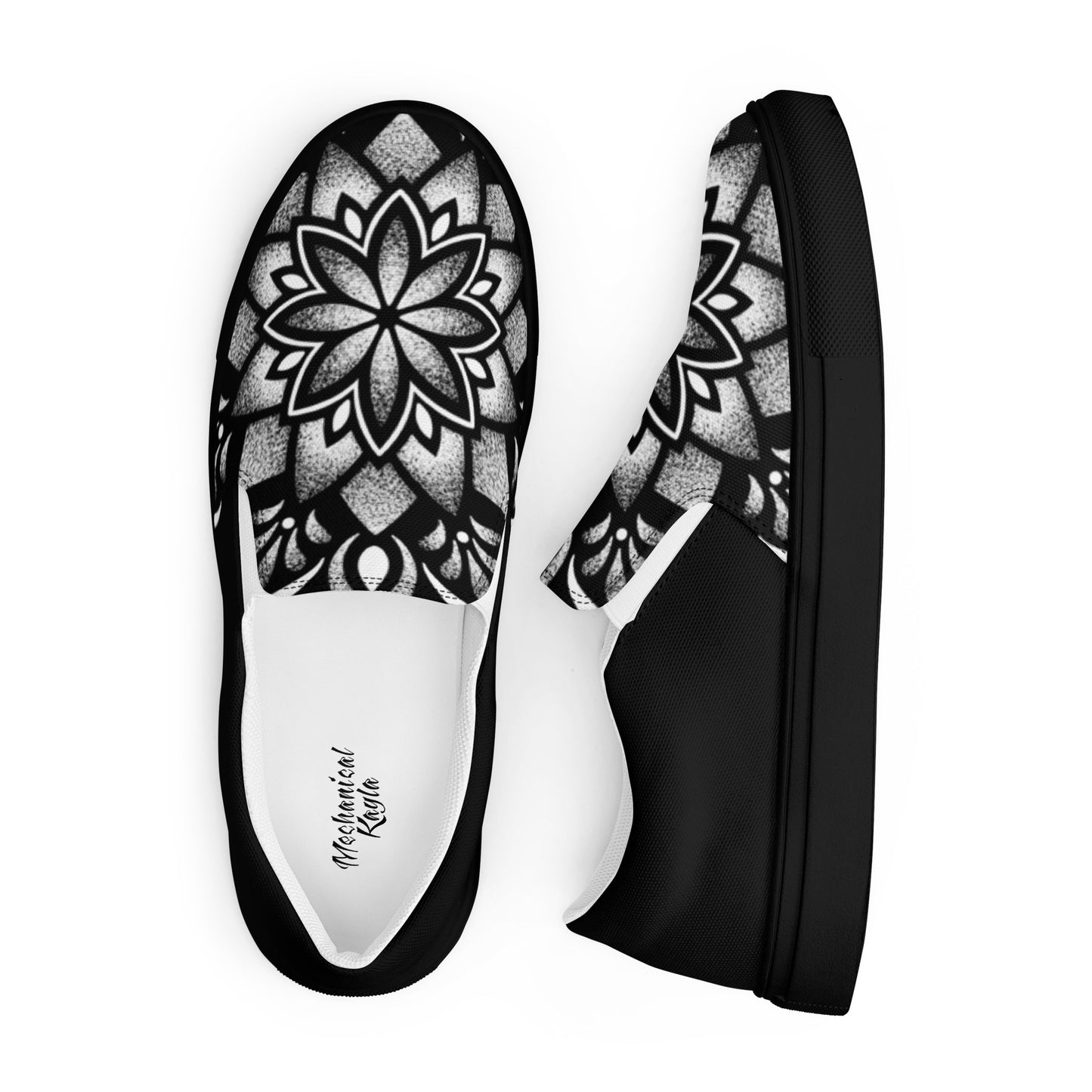 Hand drawn mandala slip on canvas shoes for women with black sole tattoo art design by Mechanical Kayla