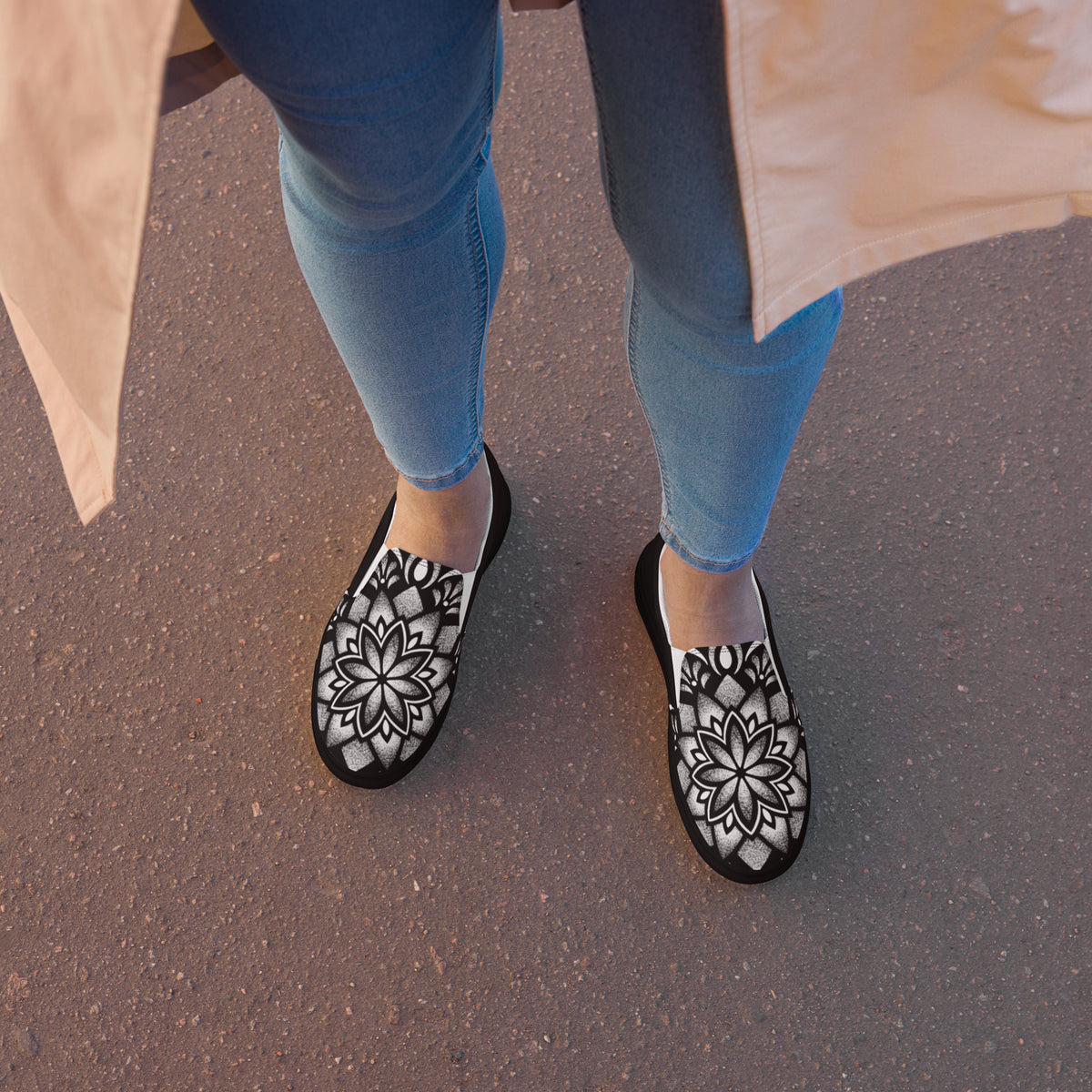Woman wearing mandala tattoo art slip on canvas shoes with jeans casual outfit