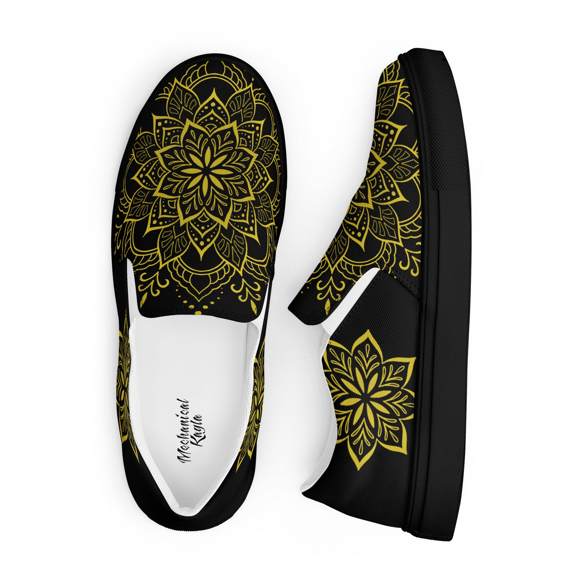 Women’s gold mandala slip on canvas shoes black sole tattoo inspired geometric linework by Mechanical Kayla