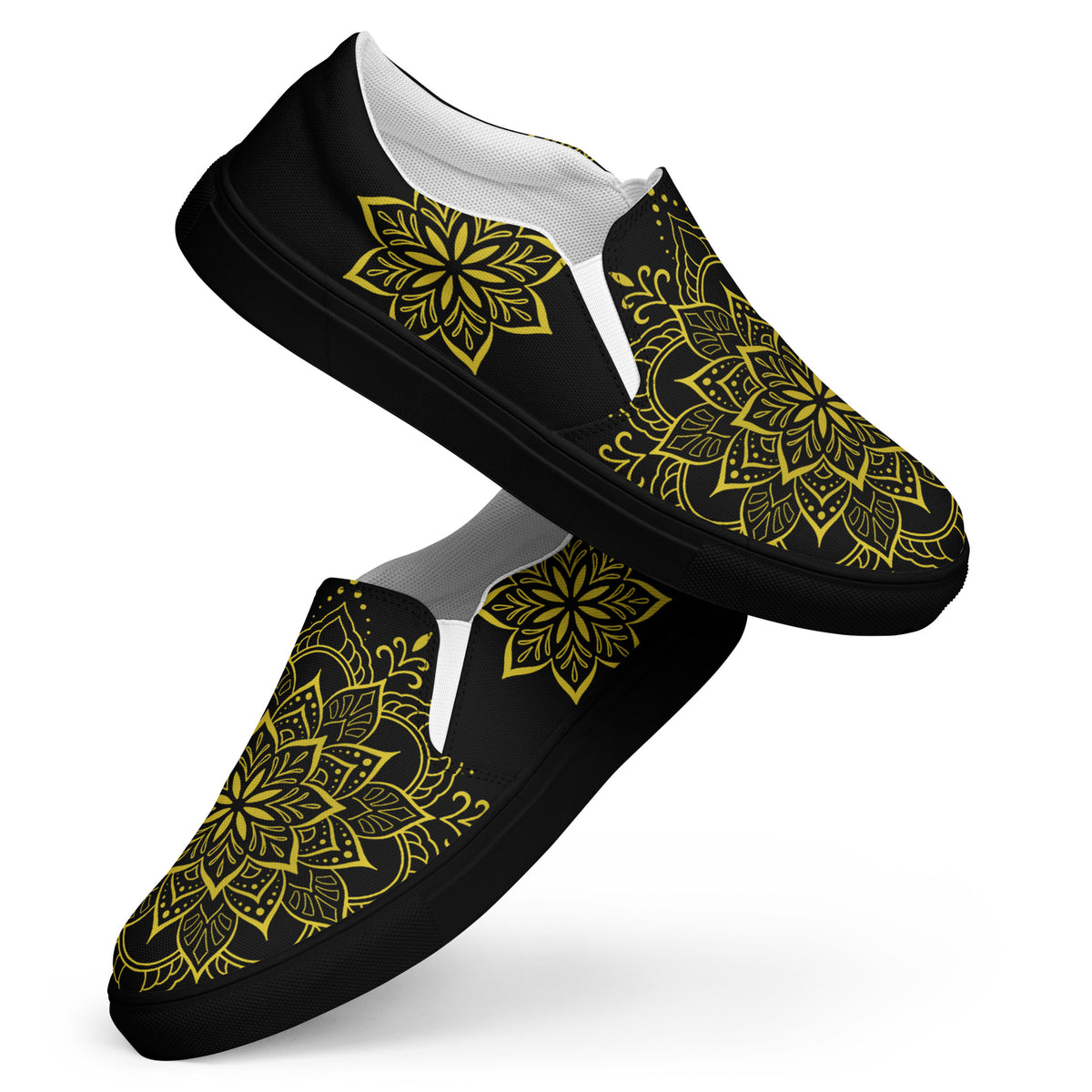 Women’s gold mandala slip on canvas shoes black sole tattoo inspired geometric linework by Mechanical Kayla