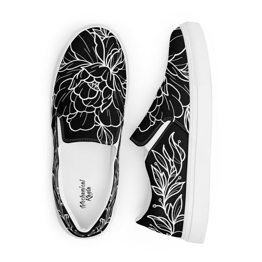 White on Black Peony Women’s Slip-On Canvas Shoes