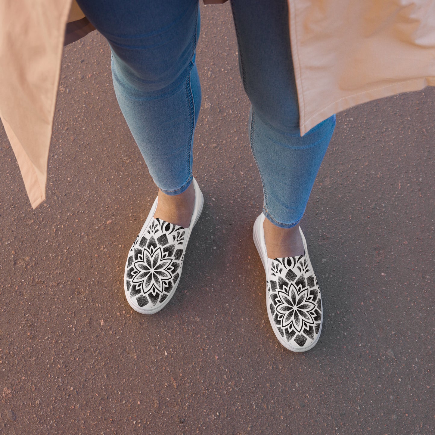 Woman wearing mandala tattoo art slip on canvas shoes with jeans casual outfit